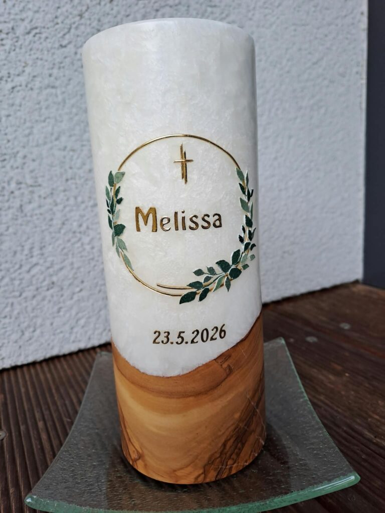 Kerze personalisiert zur Firmung mit Aufschrift Melissa 23.5.2026